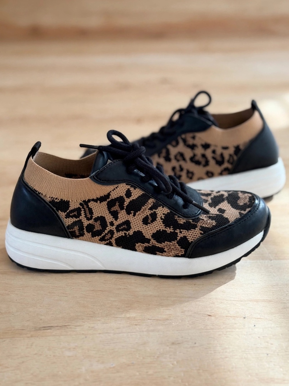 Vince Camuto Leopard Knit Lace-Up Sneakers in Tan and Black